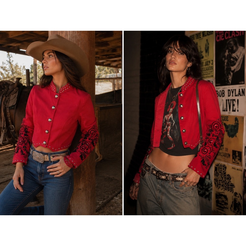 Valencia VTG Studded Embroidered Western Cropped Jacket Red Cowgirl S
